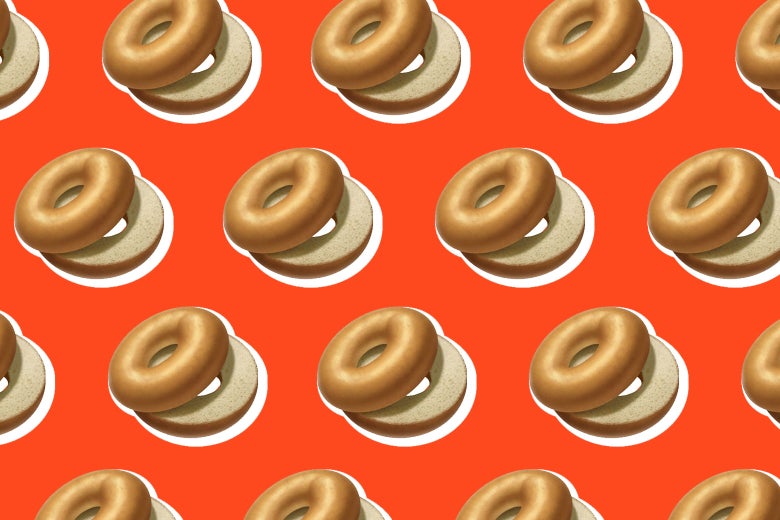 The new bagel emoji in a repeated design over a red background.